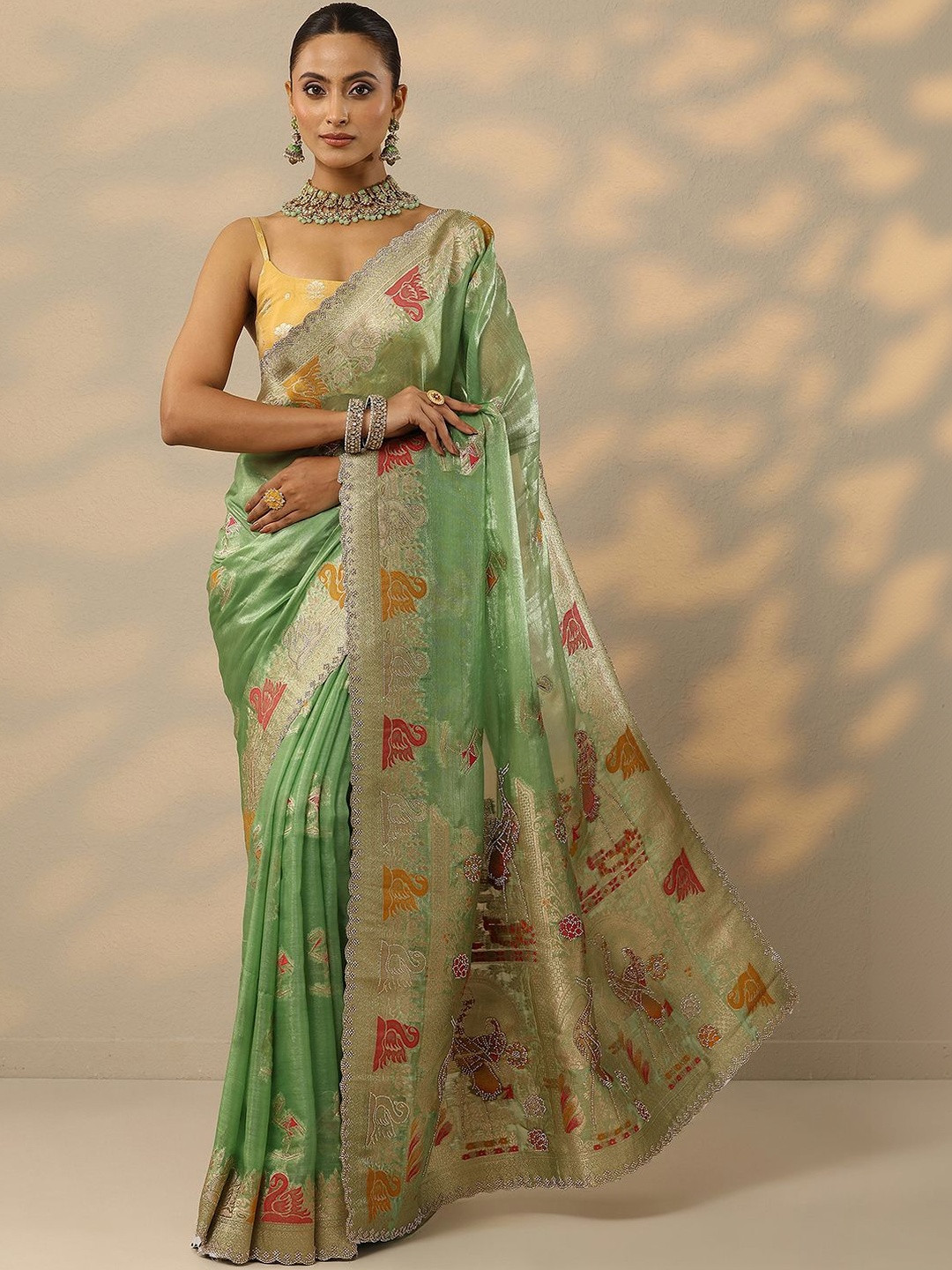 Libas Green Embellished Banarasi Organza Saree With Unstitched Blouse Piece