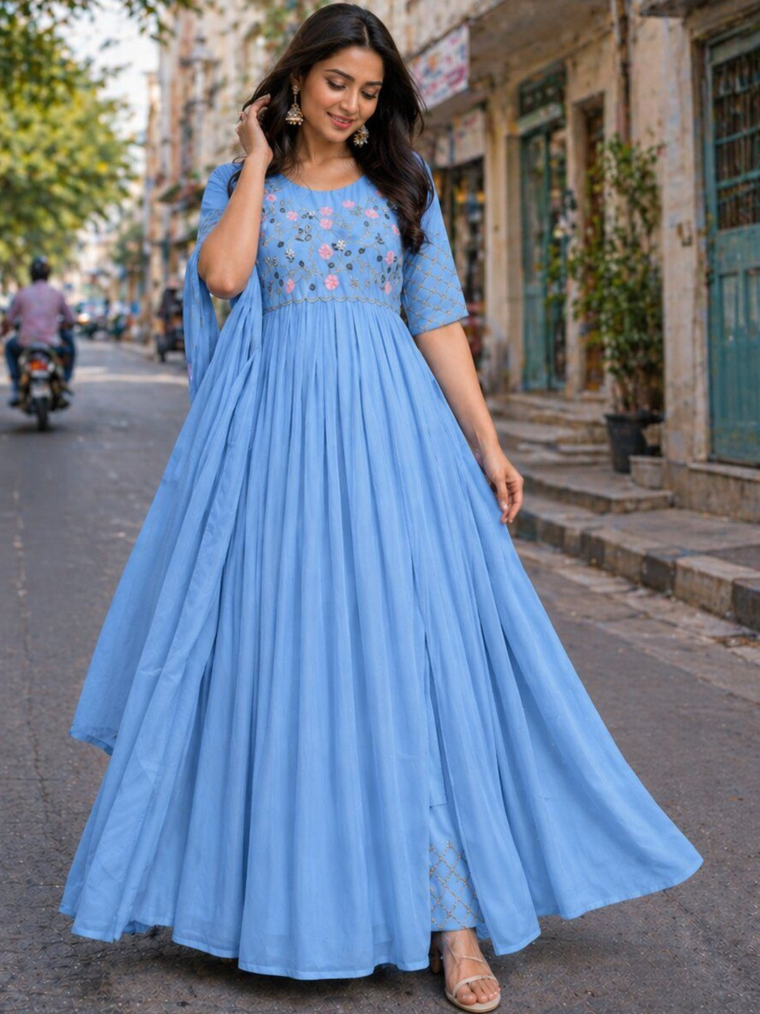 PRIMESKY Women Floral Embroidered Empire Thread Work Silk Georgette Kurta with Trousers & With Dupatta