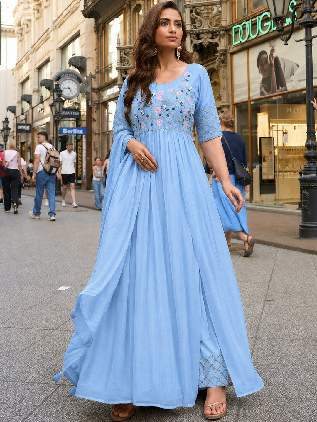 PRIMESKY Women Floral Embroidered Empire Thread Work Silk Georgette Kurta with Trousers & With Dupatta