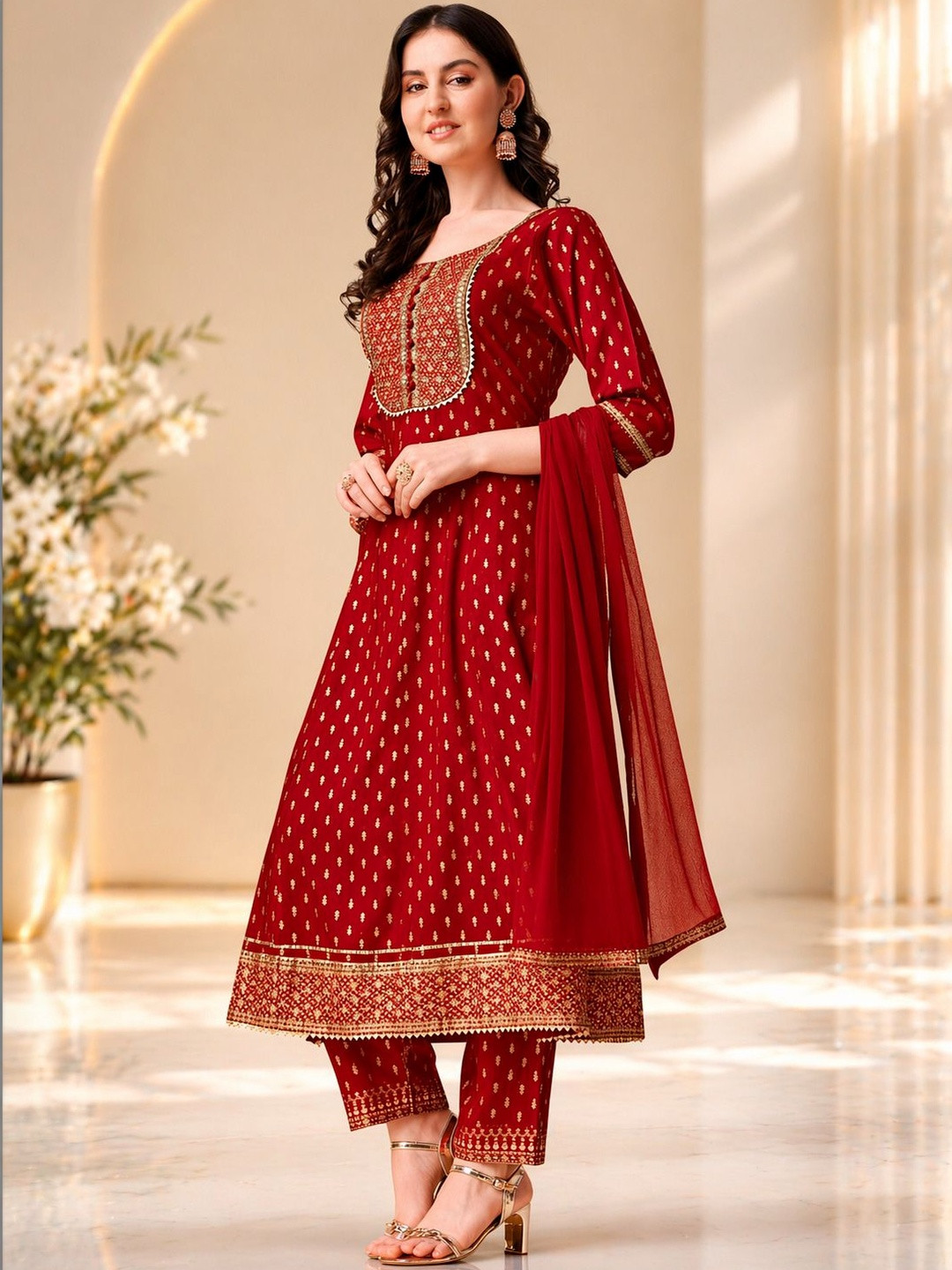 QUEENSFAB Women Ethnic Motifs Printed Panelled Kurta with Trousers & With Dupatta