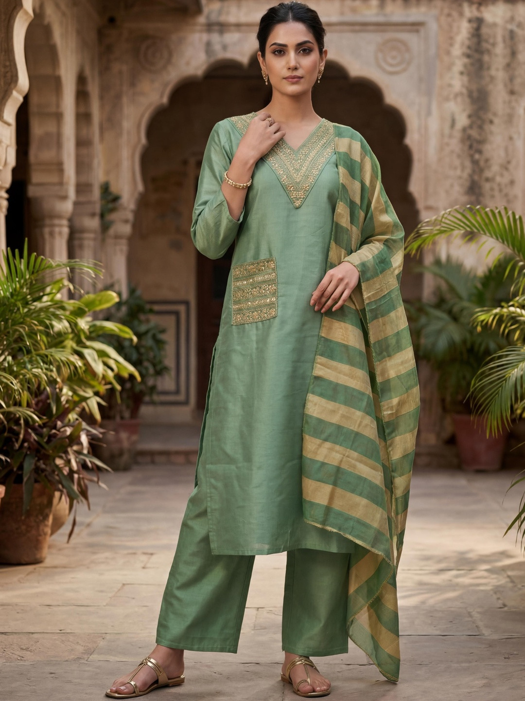 CREEPER Women Floral Embroidered Regular Sequinned Kurta with Palazzos & With Dupatta