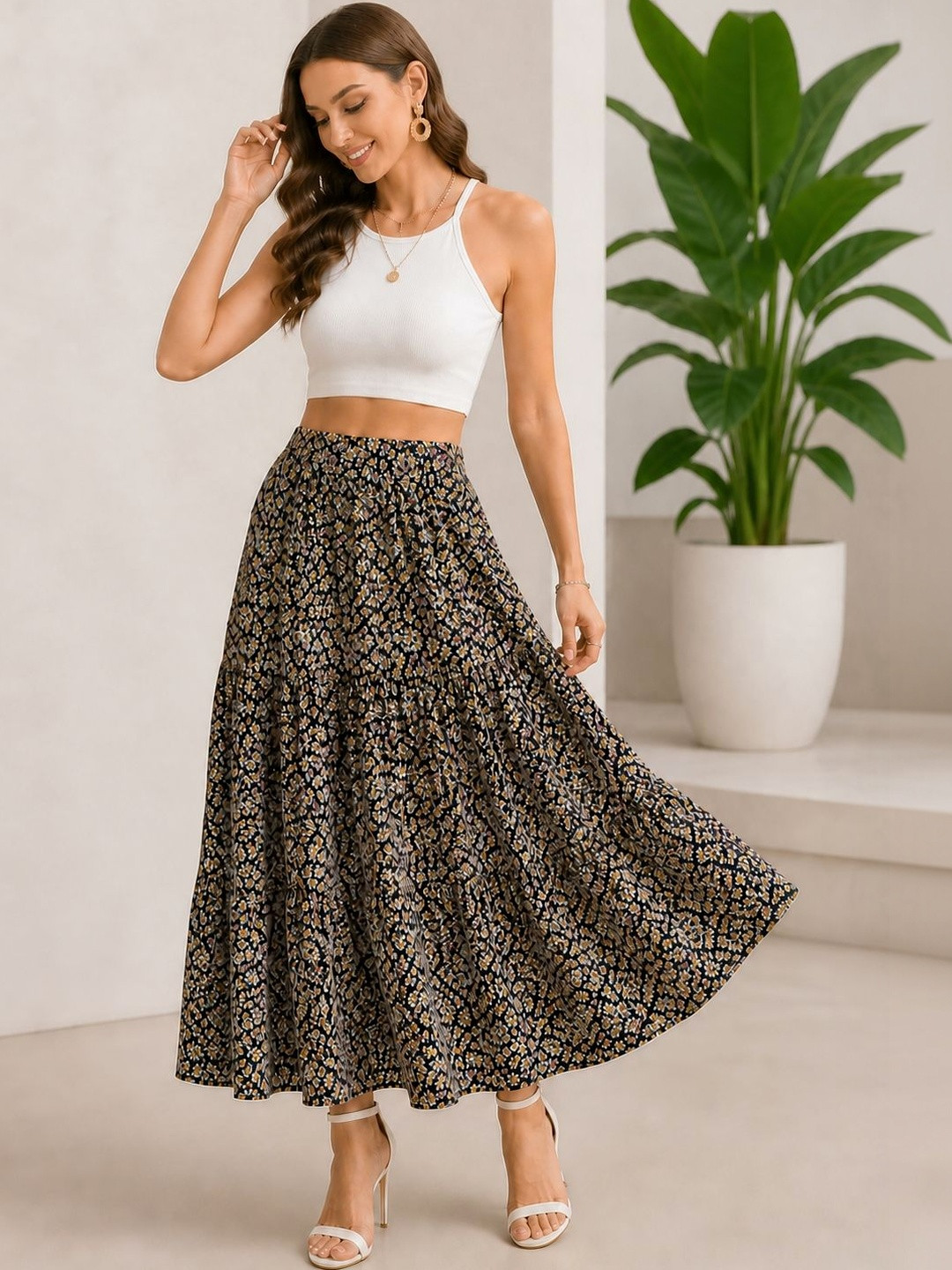 AmorLuxe Women Floral Micro or Ditsy Print Midi Tiered Skirt