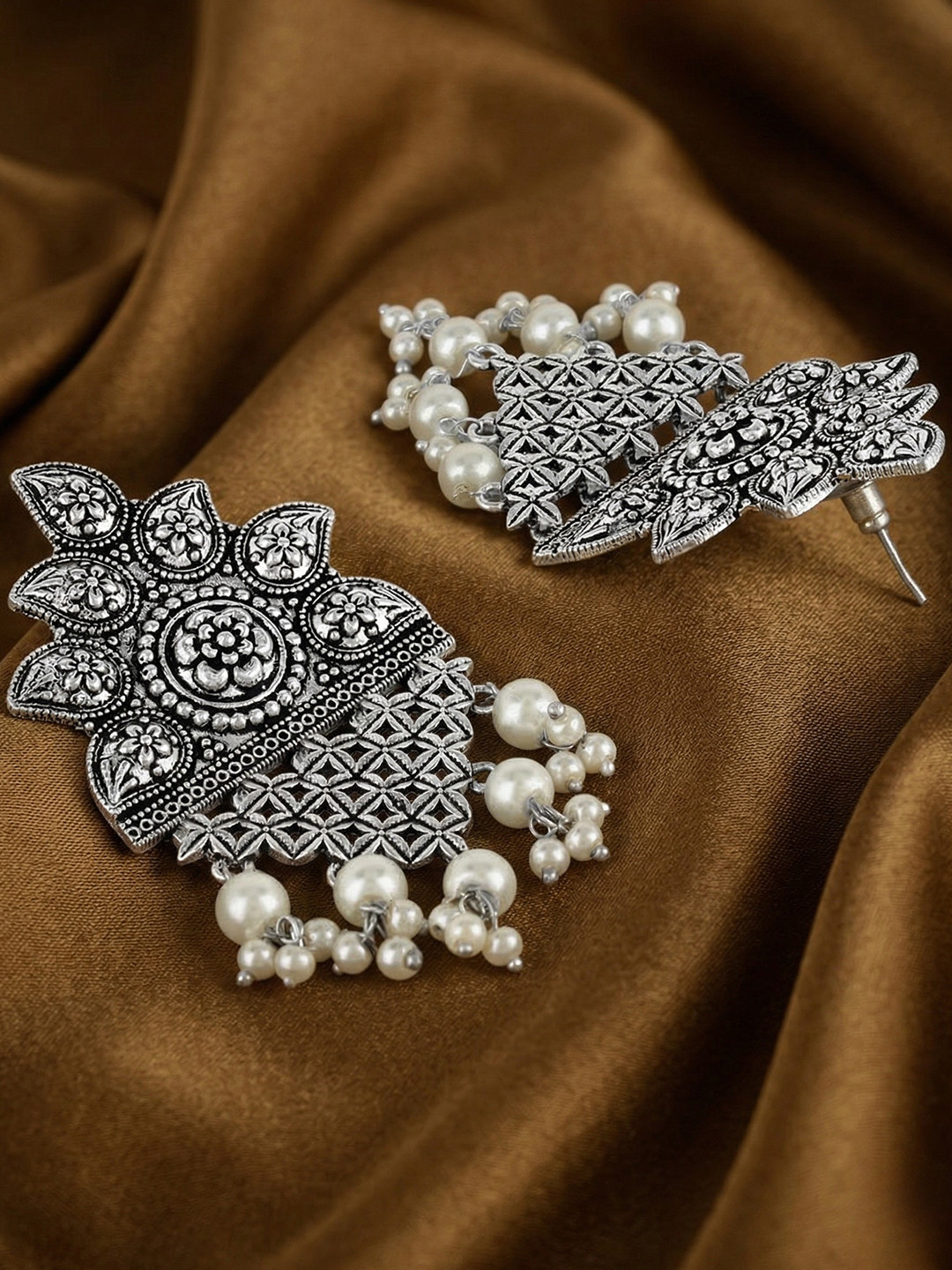 Adwitiya Collection Oxidized Silver-Toned Floral Embossed & Lattice Drop Earrings
