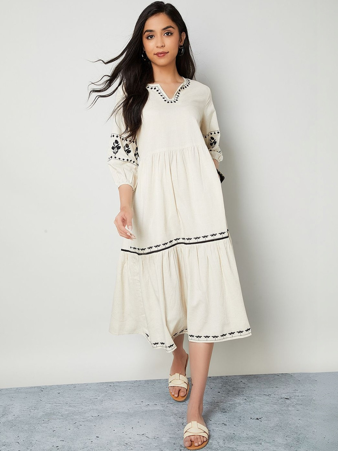 Colour Me by Melange Floral Embroidered A-Line Midi Dress