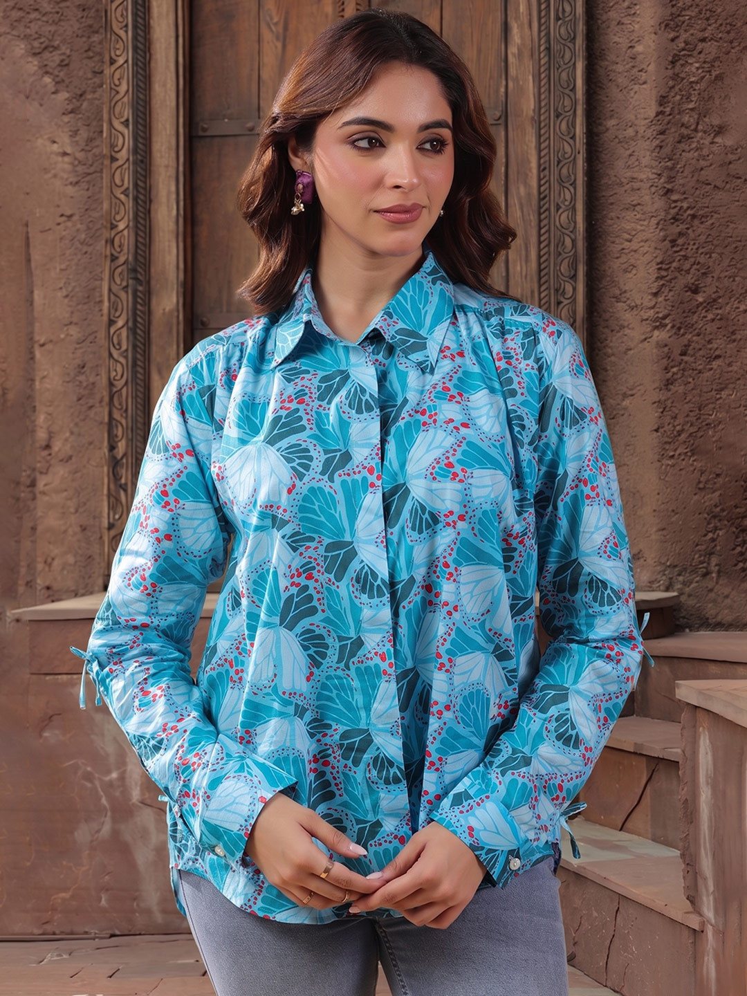 Rain & Rainbow Women Self Design Printed Cotton Top