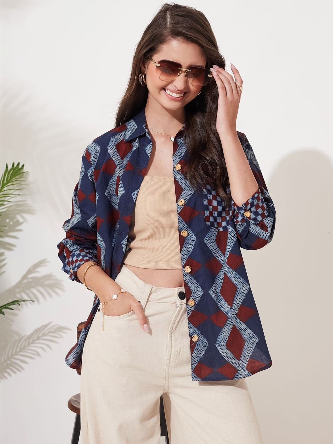 J Turritopsis Women Blue Cotton Geometric Printed Casual Shirt
