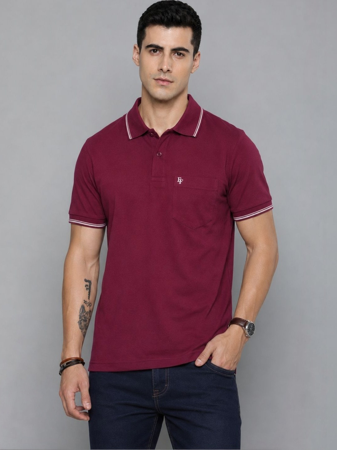 FEVERFEW Men Brand Logo Polo Collar Pockets T-shirt