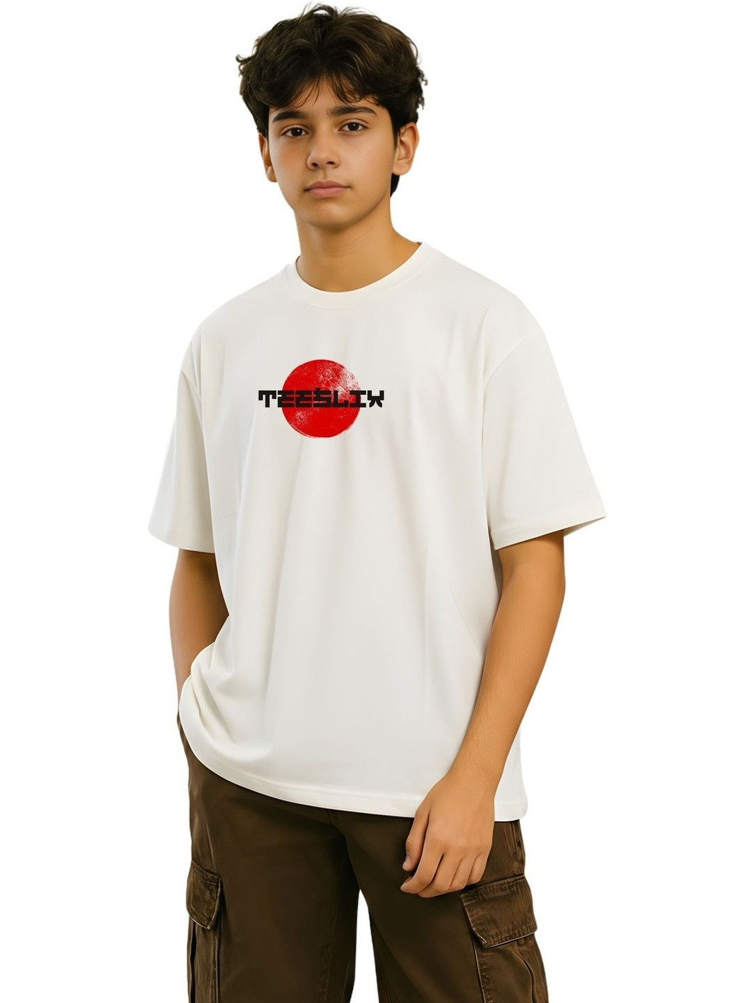 TeeSlix Boys & Girls Oversized Off- White Typography Printed Cotton Tshirt