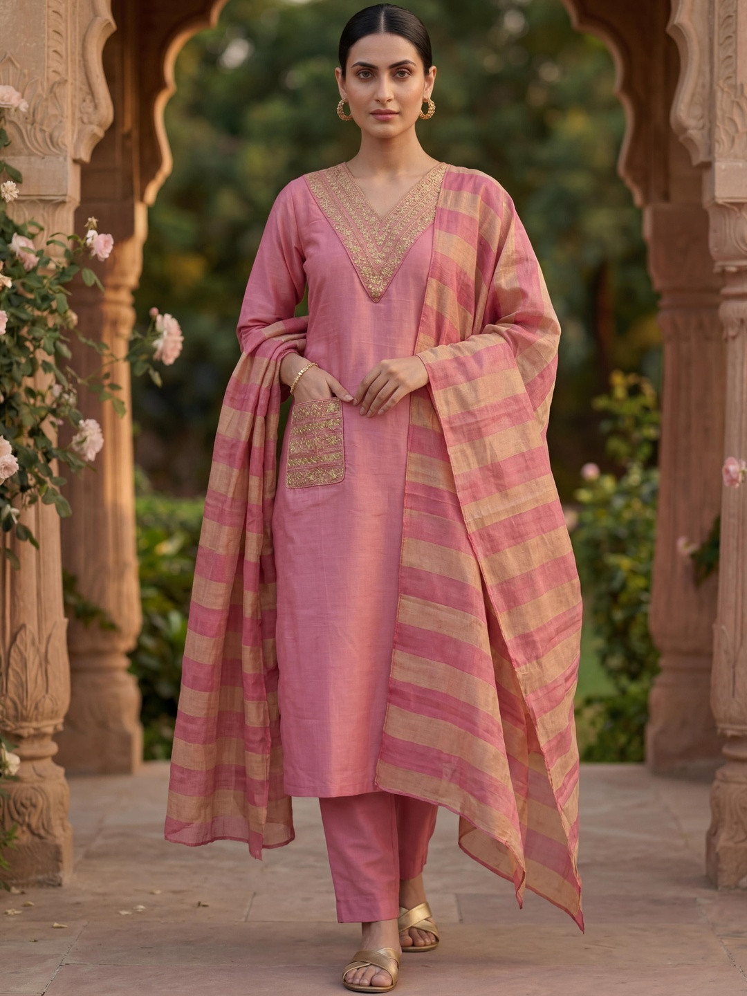 CREEPER Women Ethnic Motifs Embroidered V-Neck Thread Work Kurta With Trousers & Dupatta