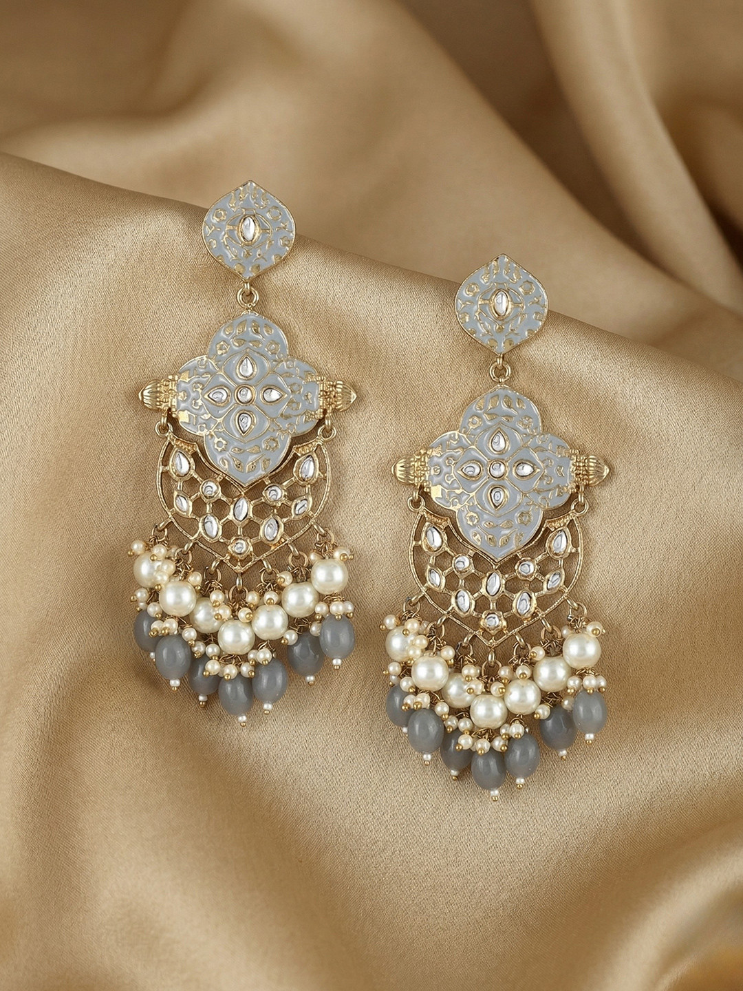 Gold-Plated Grey Meenakari Kundan Long Drop Earrings with Beads