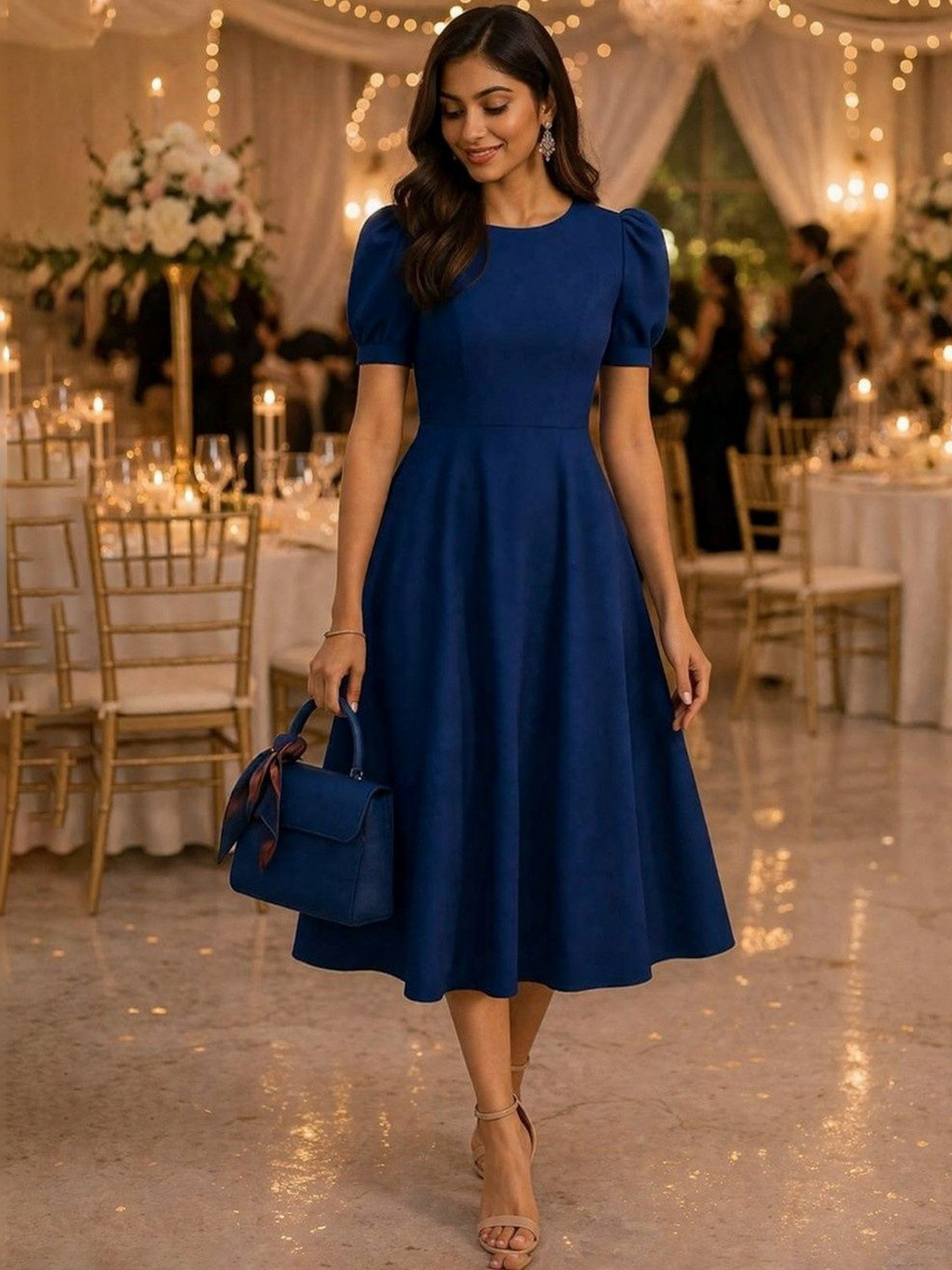 Elchic Puff Sleeve Fit & Flare Midi Dress