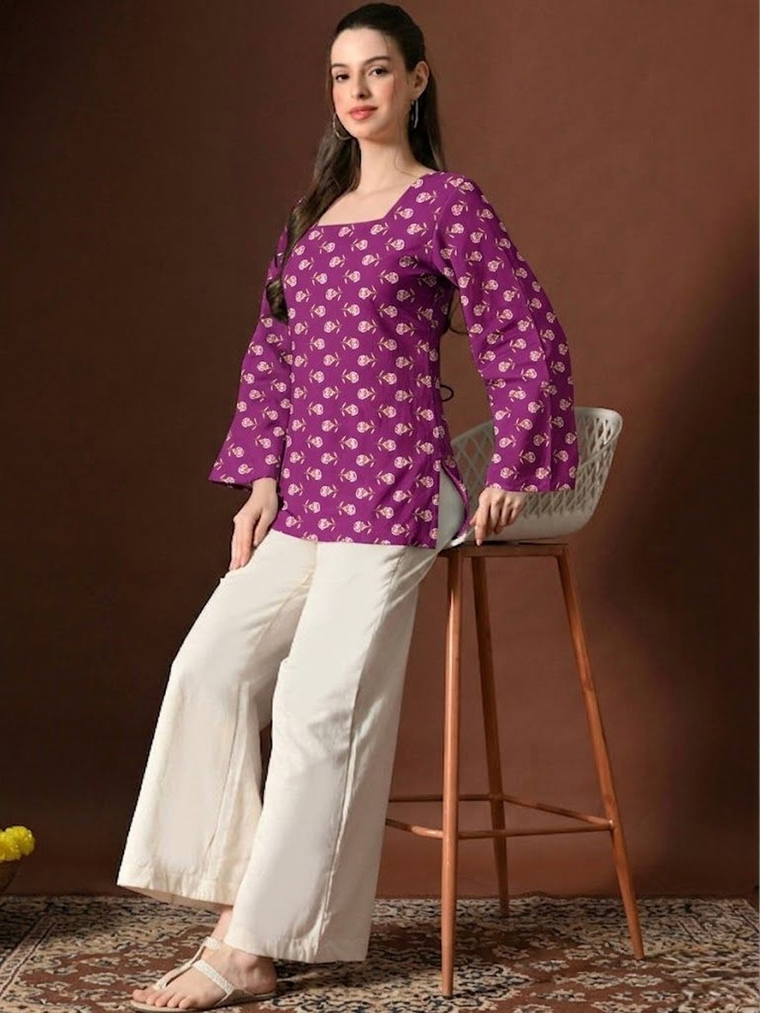 ADYASAA THE LABEL Floral Printed Square Neck Flared Sleeves Pure Cotton Blend Kurti