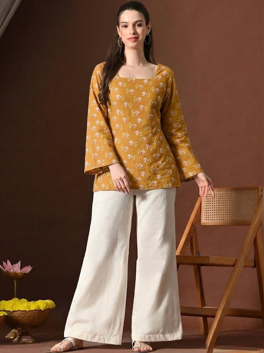 ADYASAA THE LABEL Floral Printed Square Neck Pure Cotton Kurti
