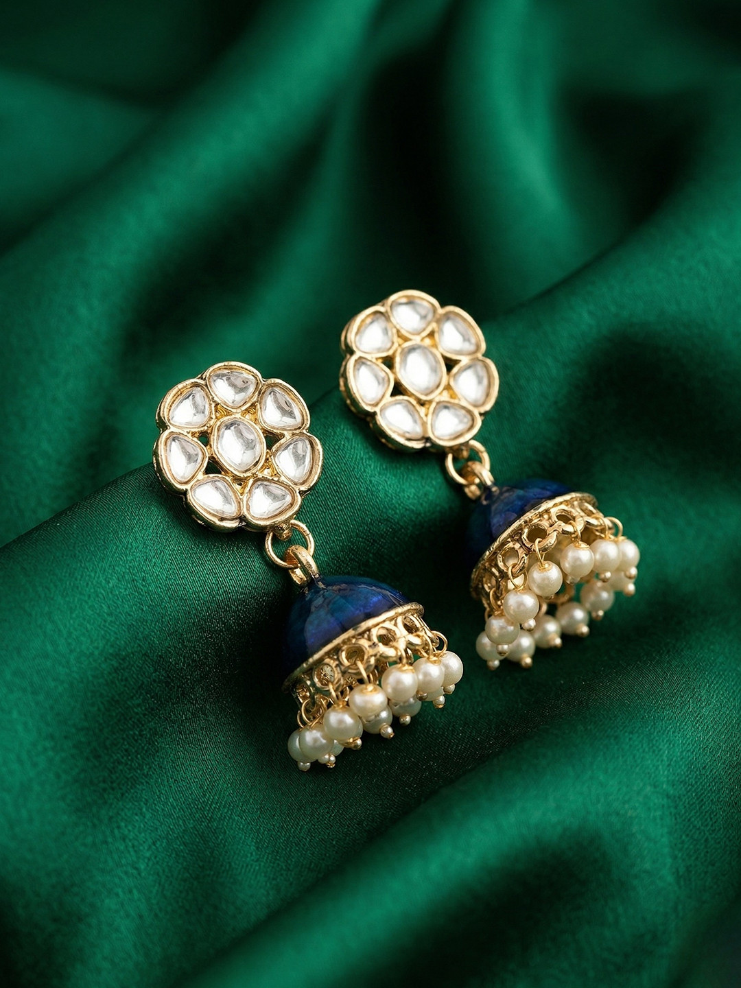 Adwitiya Collection Gold-Plated Royal Floral Kundan Jhumka Earrings with Pearls
