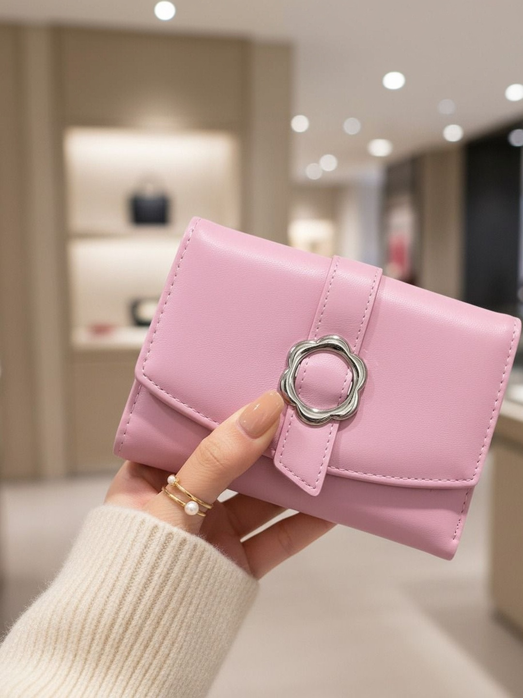 GLOSSY Women Buckle Detail PU Two Fold Wallet