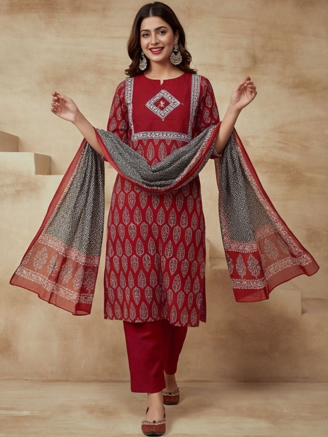 House of Pataudi Floral Embroidered Straight Cotton Kurta & Trousers Sets
