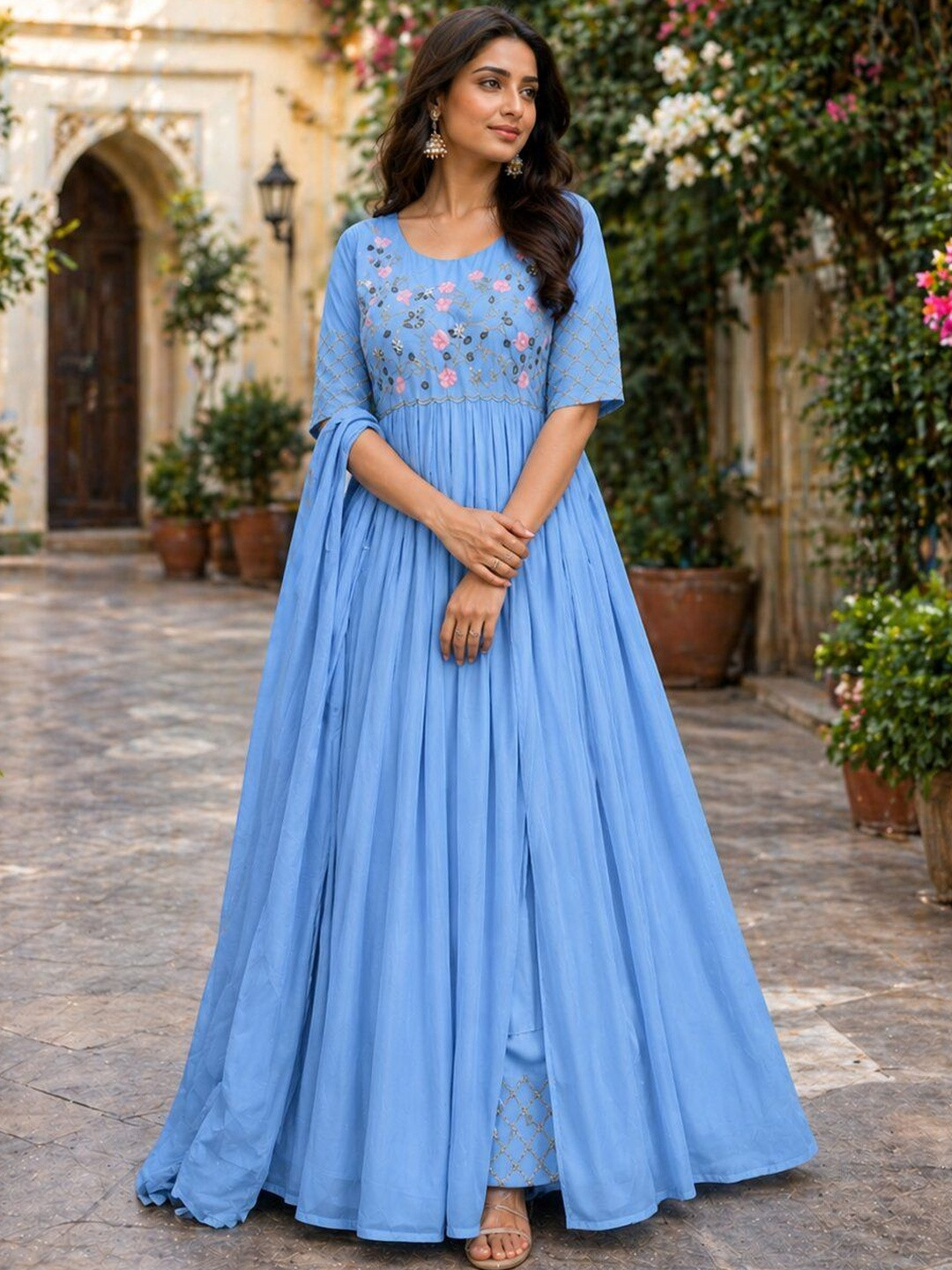 PRIMESKY Women Floral Embroidered Empire Thread Work Silk Georgette Kurta with Trousers & With Dupatta