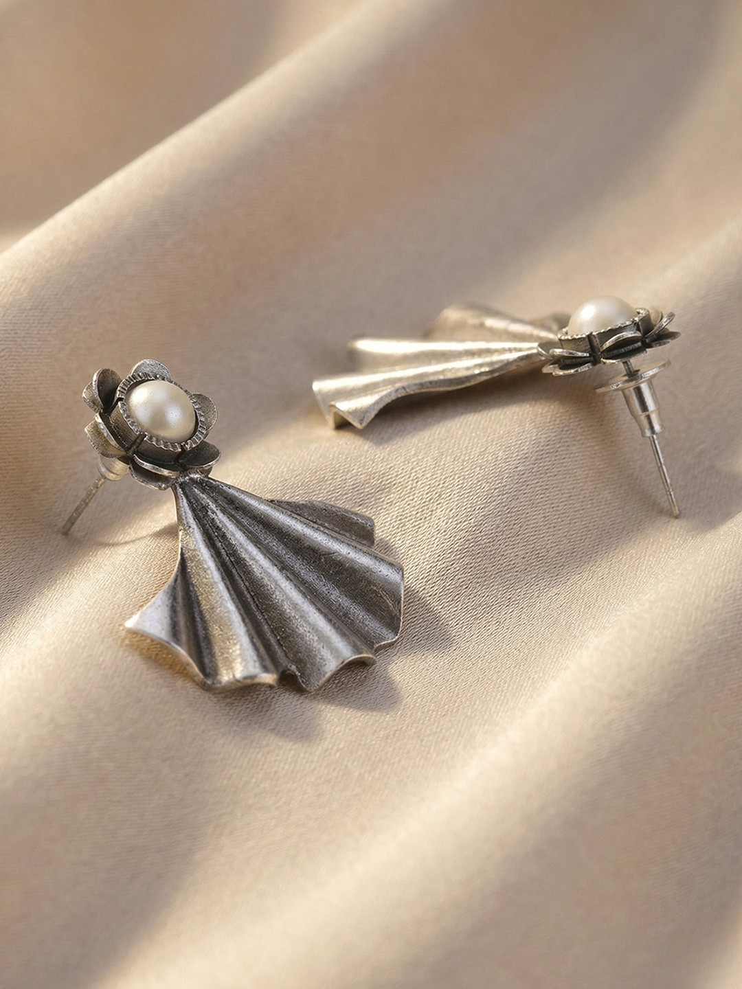 Oxidized Silver-Toned Pearl-Studded Flared Fan Drop Earrings