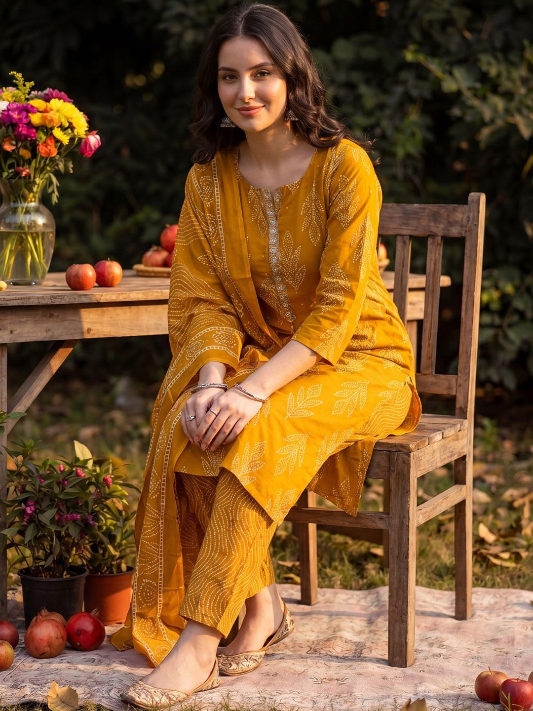 Indo Era Women Ethnic Motifs Printed Regular Gotta Patti Linen Kurta with Trousers & With Dupatta