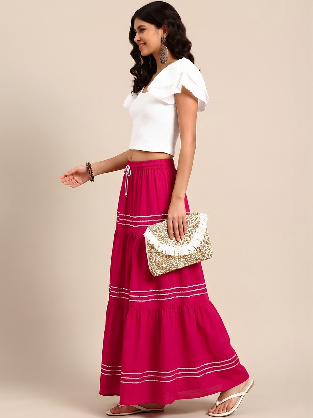 HARAYE Women Self Design Tiered Maxi Tiered Skirt