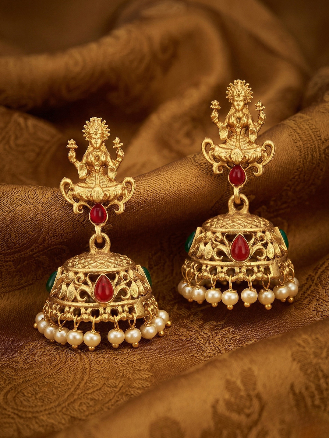 Adwitiya Collection Women Gold-Plated Lakshmi Motif Temple Jhumka Earrings with Pearls