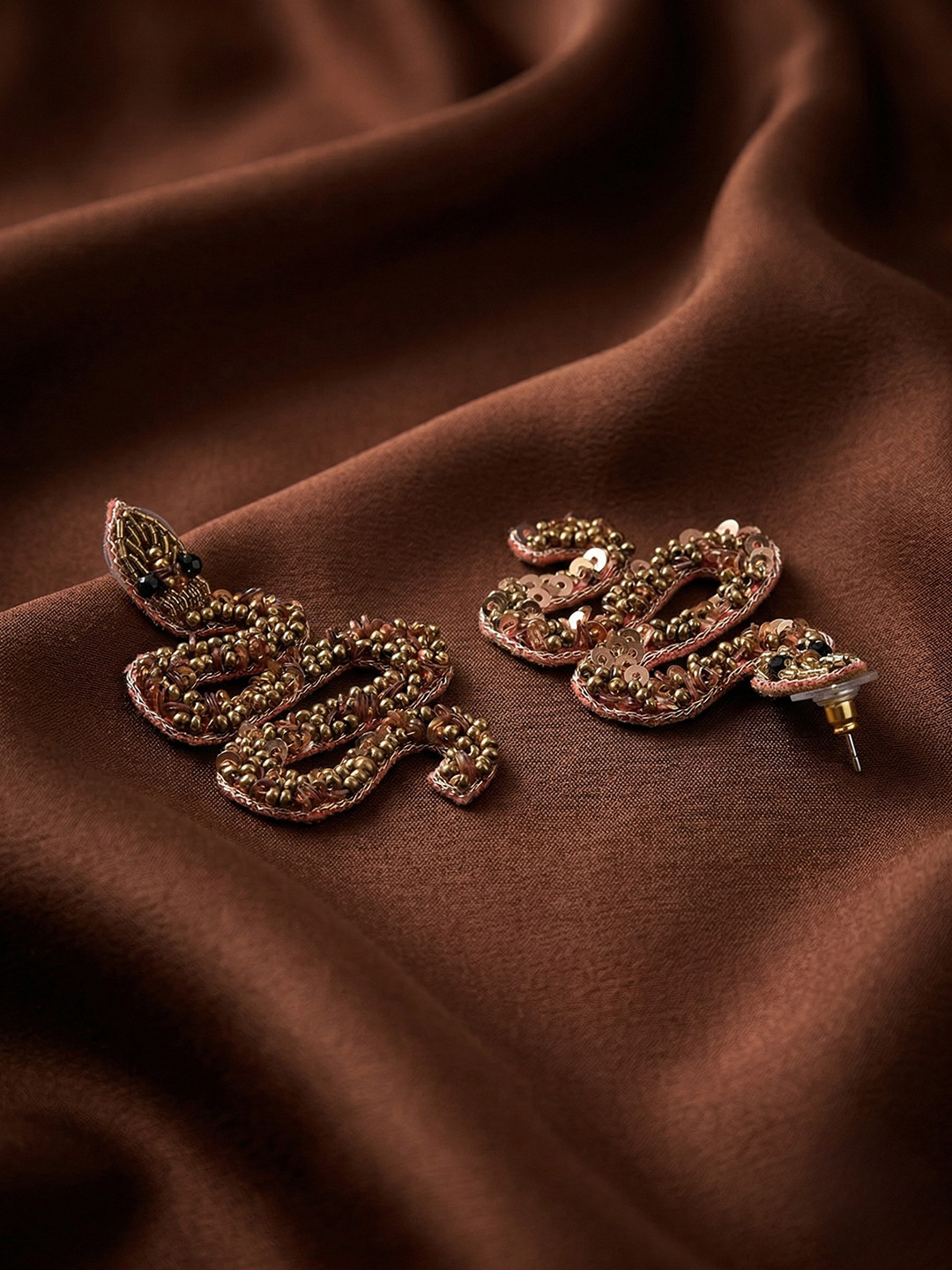 Adwitiya Collection Bronze-Toned Handcrafted Beaded Snake Motif Statement Drop Earrings