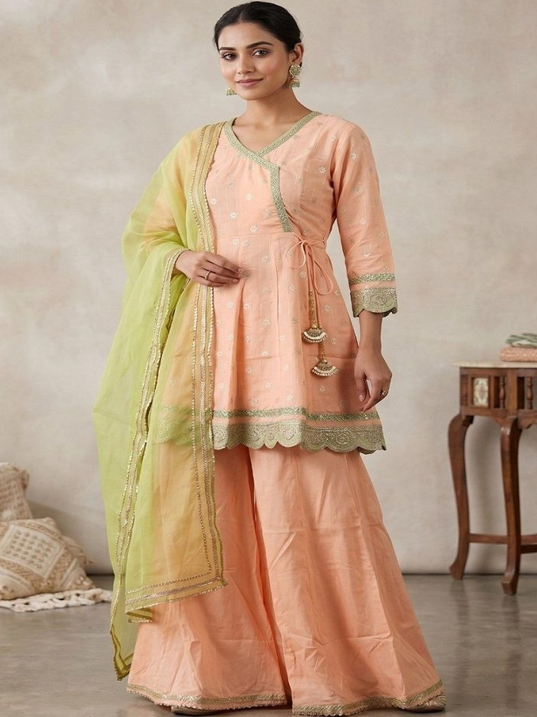 ISHWAR Women Ethnic Motifs Printed Angrakha Gotta Patti Kurta with Sharara & With Dupatta
