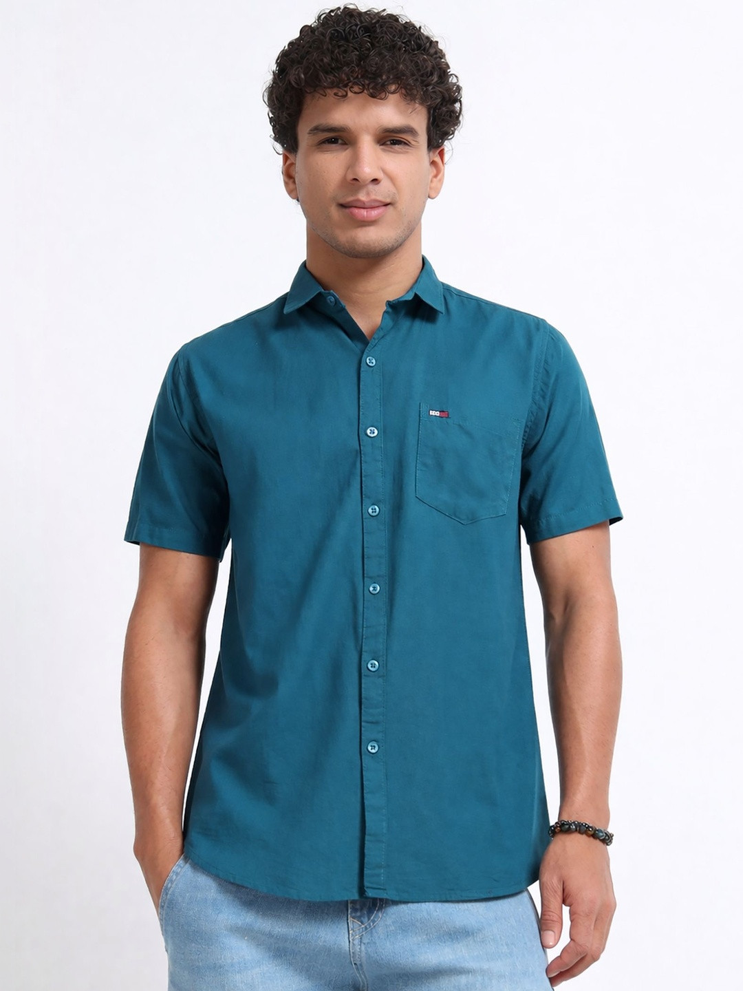 Teal Solid Regular Fit Casual Shirt