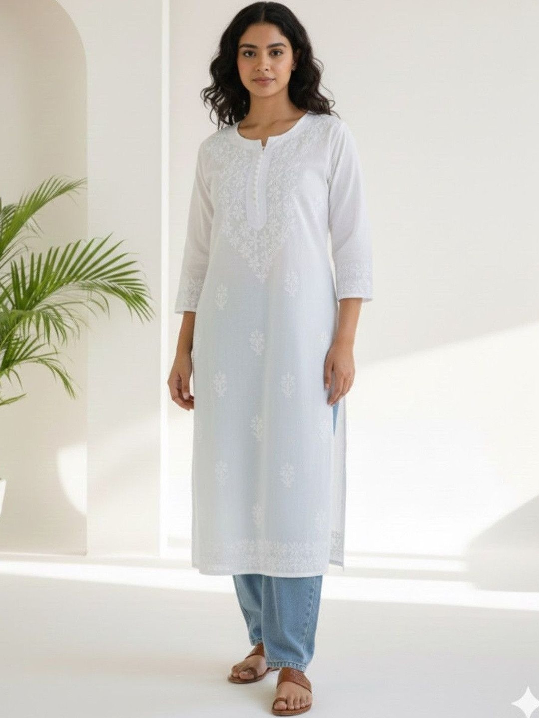 Elaasa Ethnic Motifs Embroidered Chikankari Pure Cotton Chikankari Kurti