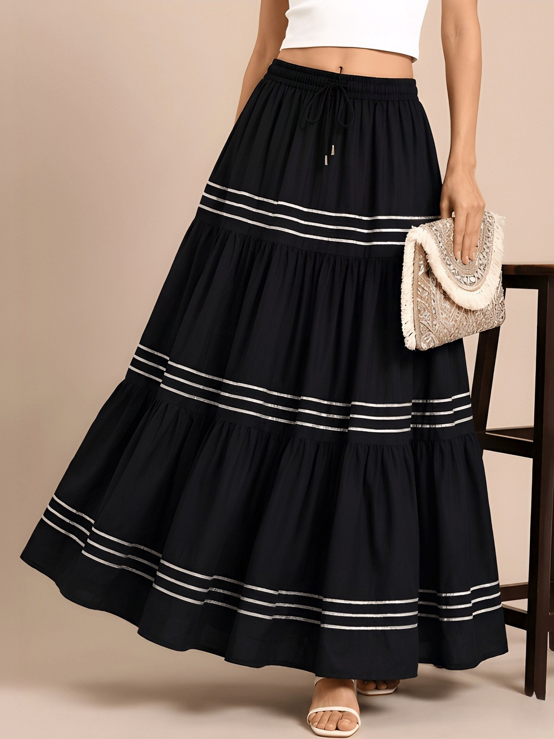 HARAYE Women Self Design Tiered Maxi Tiered Skirt