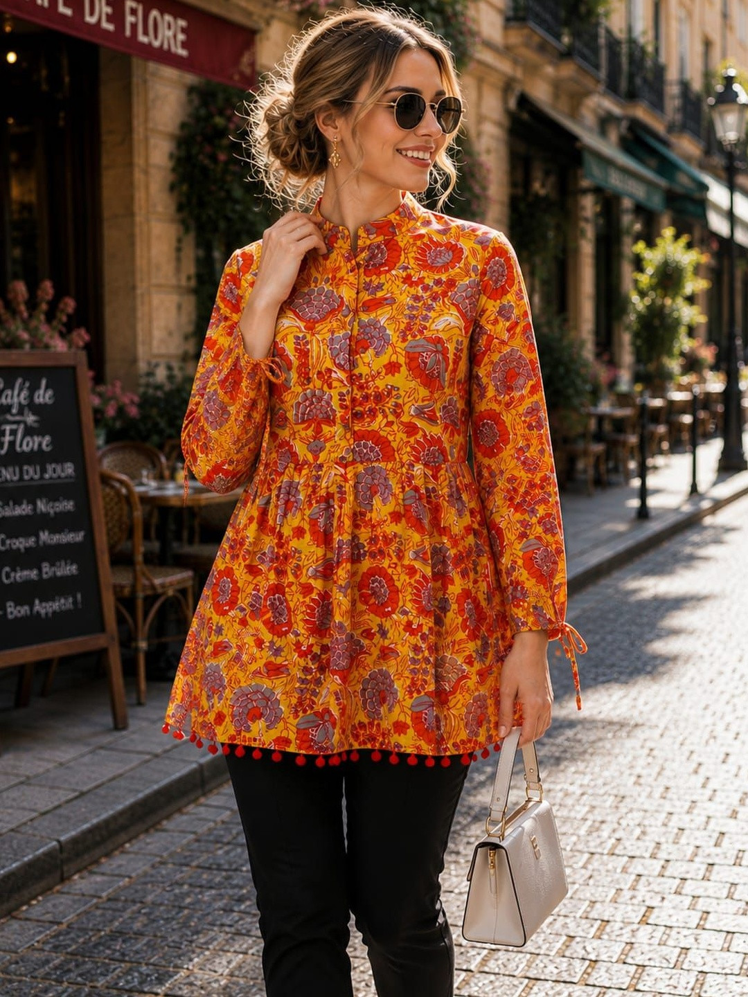 FrionKandy Floral Print Mandarin Collar Cotton Blend Top