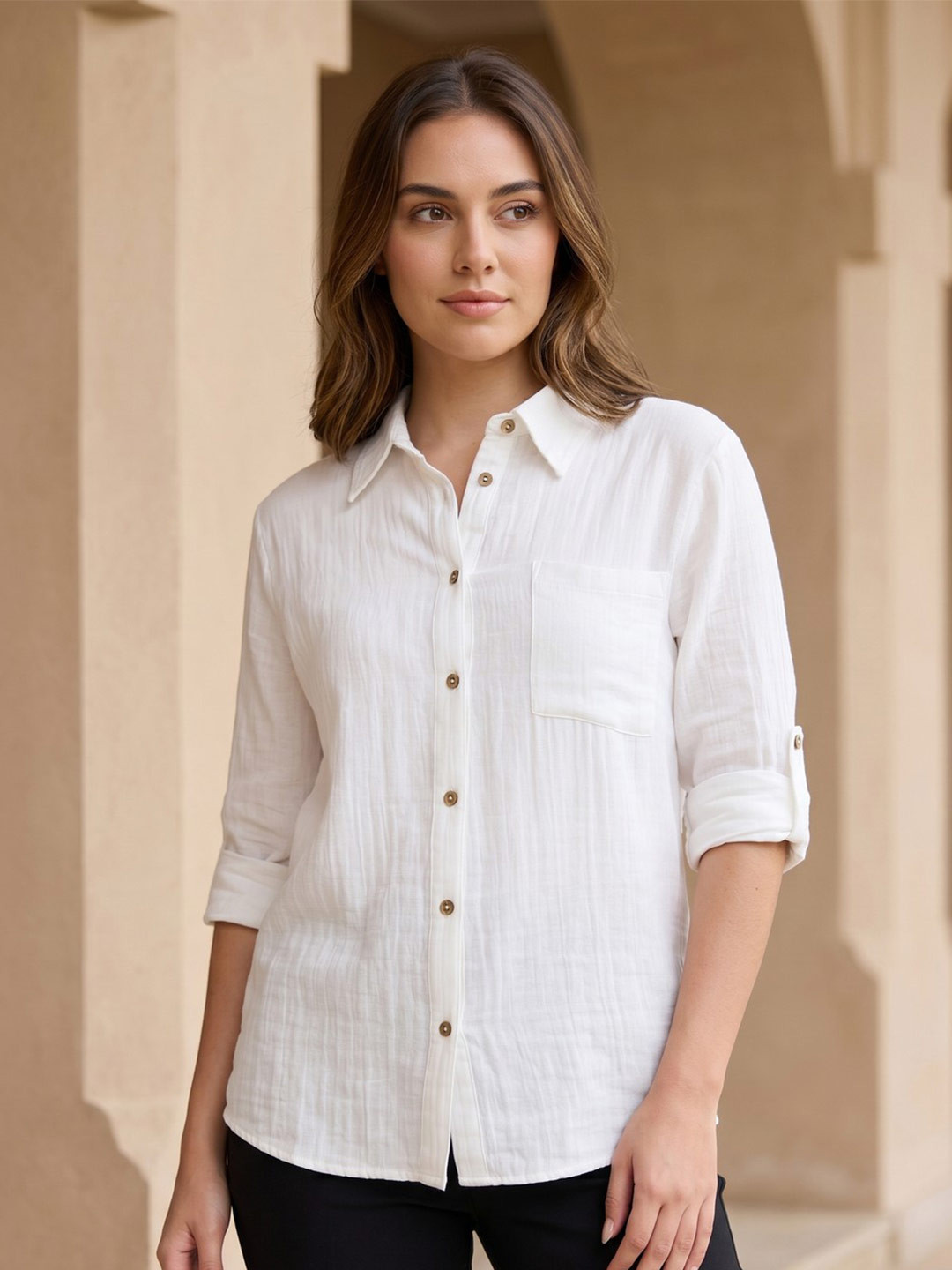 Styli Women White Textured Spread Collar Cuffed Sleeves Oversized Casual Shirt