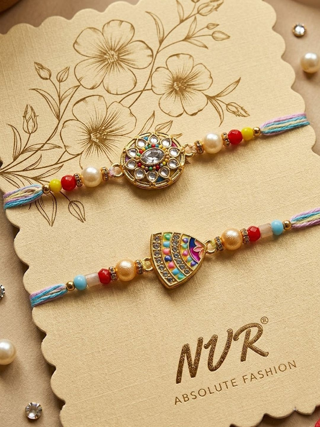 NVR Set Of 2 Gold Toned Artificial Stones & Beads Thread Rakhi With Roli Chawal Chandan
