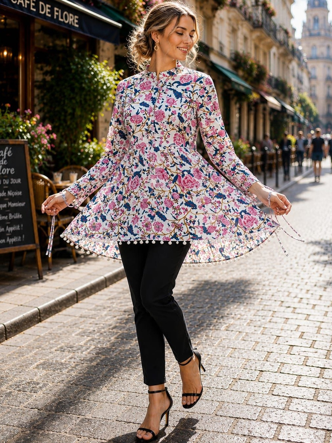 FrionKandy Floral Print Ruffles Cotton Blend Top