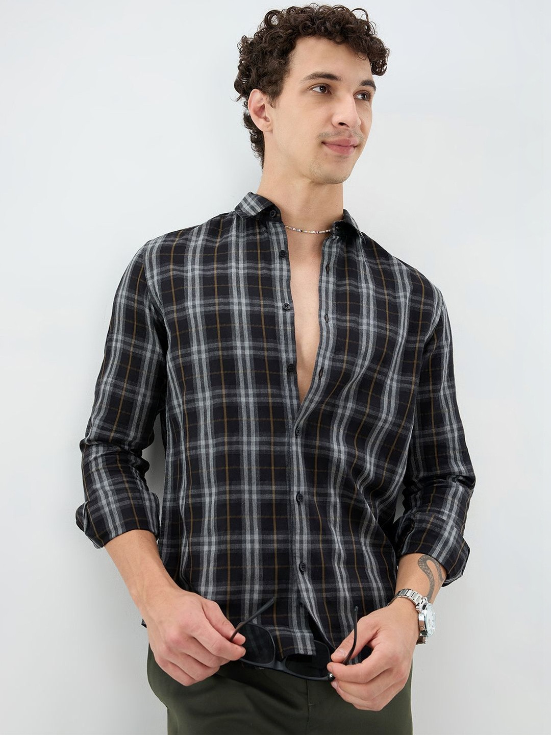 VASTRADO Rich Black Contrast Windowpane Melange Checks Shirt