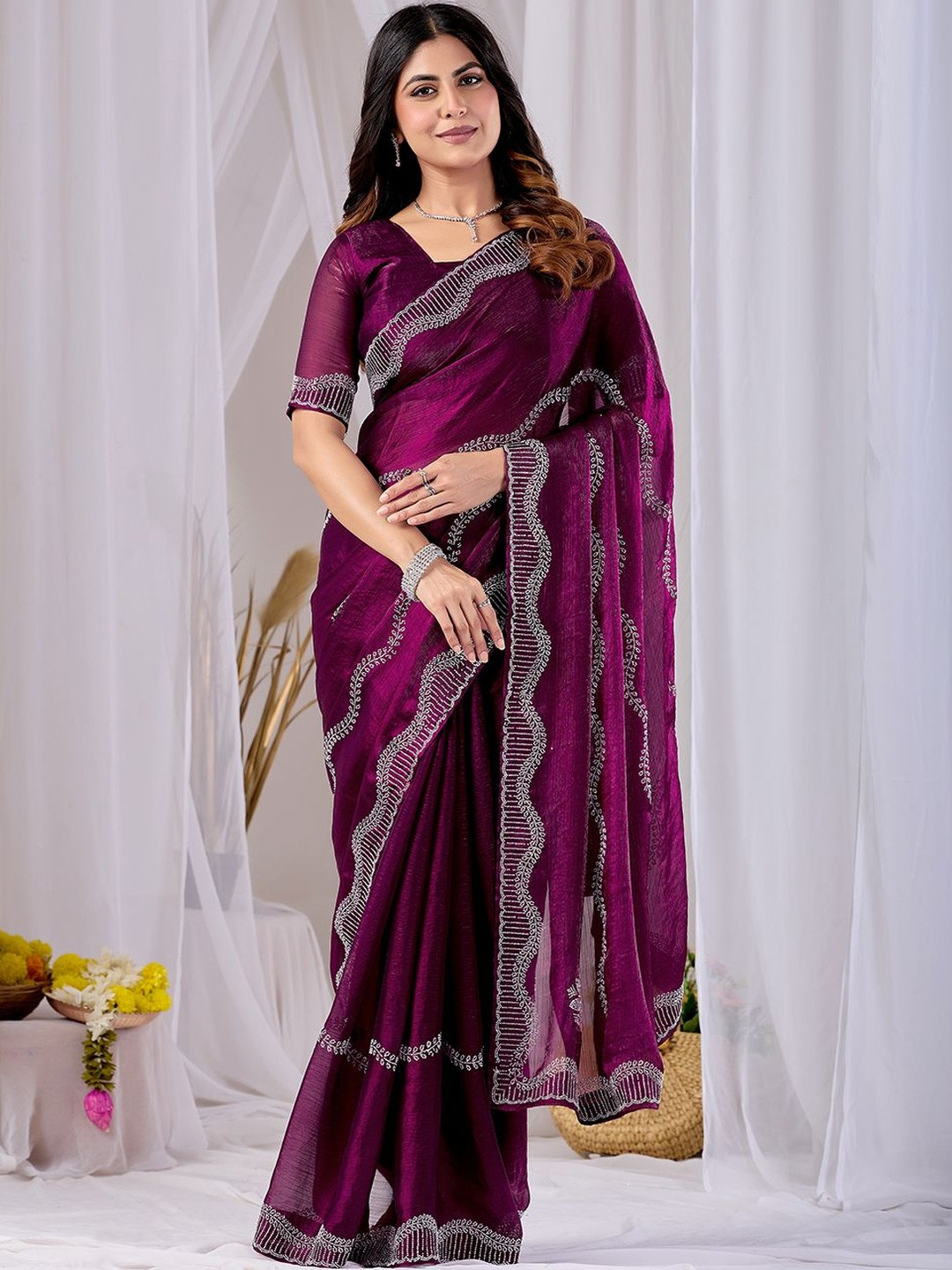 Gownwala Embellished Beads and Stones Heavy Work Chanderi Saree