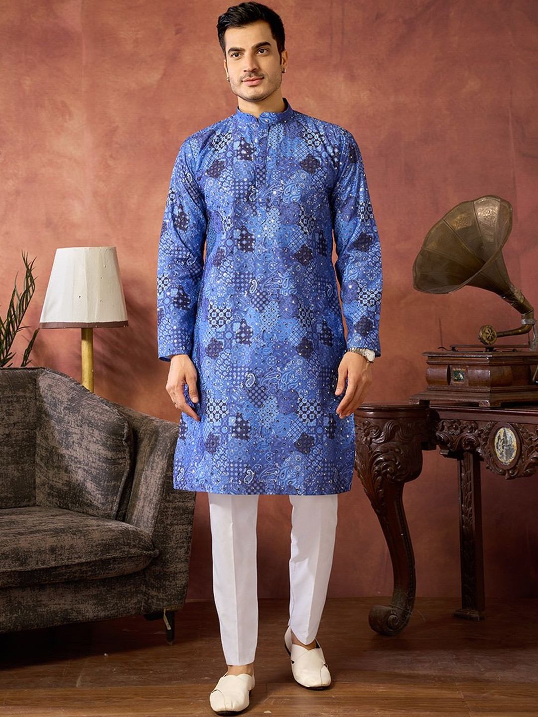 House of Pataudi Printed Mandarin Collar Kurta & Pyjamas Kurta Set