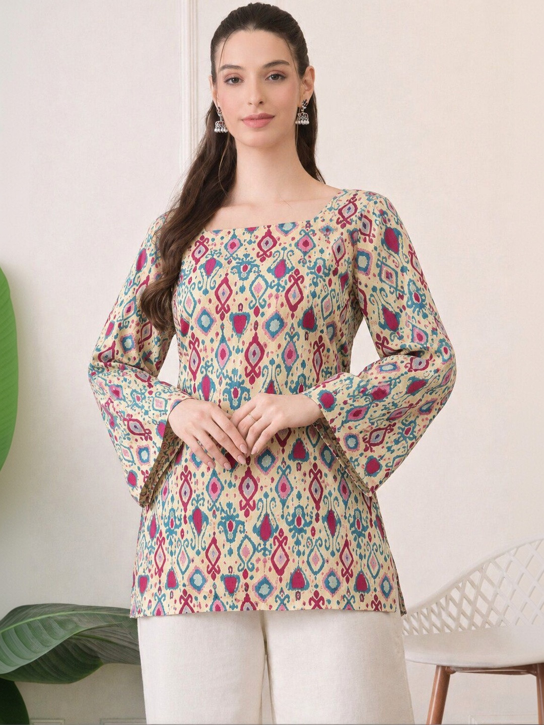 KALAMIR Print Flared Sleeve Ethnic Cotton Top