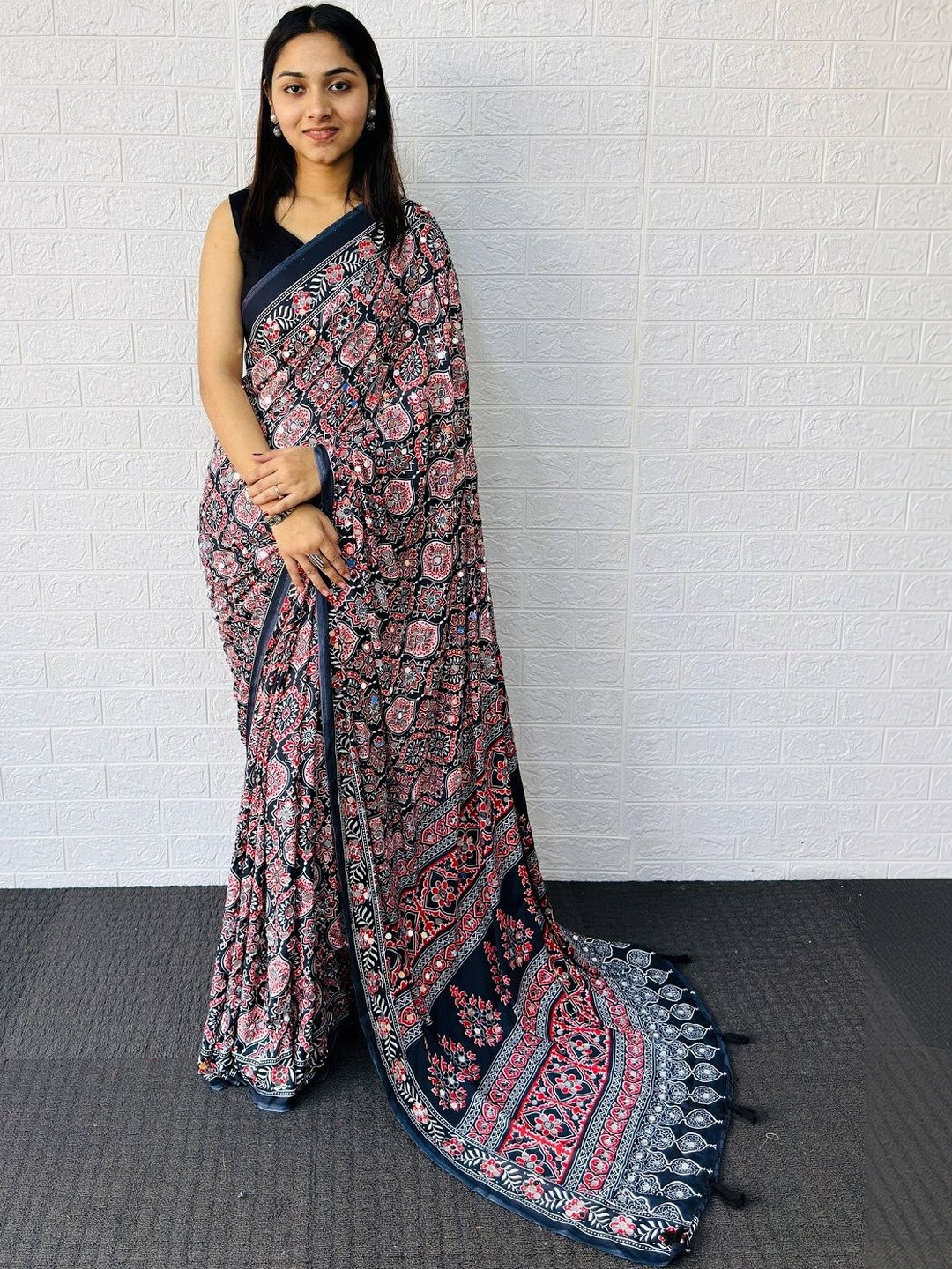 KOMAL NX Ethnic Motifs Mirror Work Satin Saree