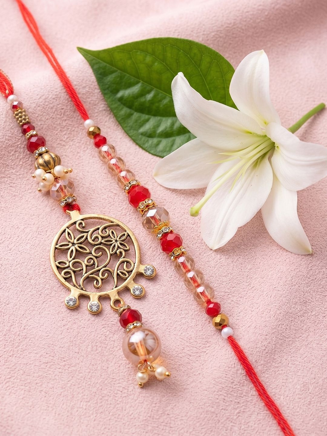 NVR Set Of 2 Gold Toned Artificial Stones & Beads Bhaiya Bhabhi Rakhi With Roli Chawal