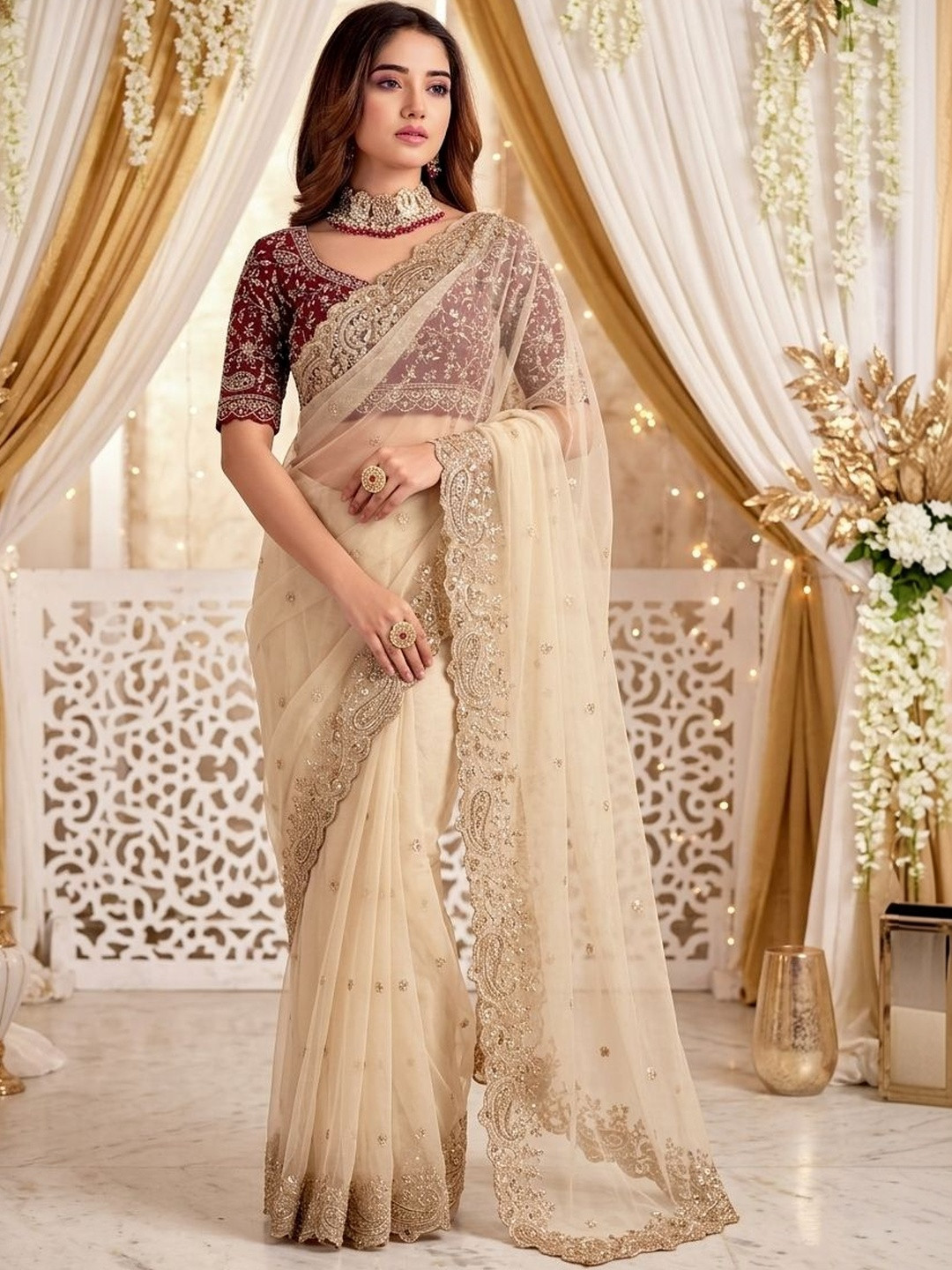 all about you Embellished Embroidered Poly Georgette Heavy Work Saree