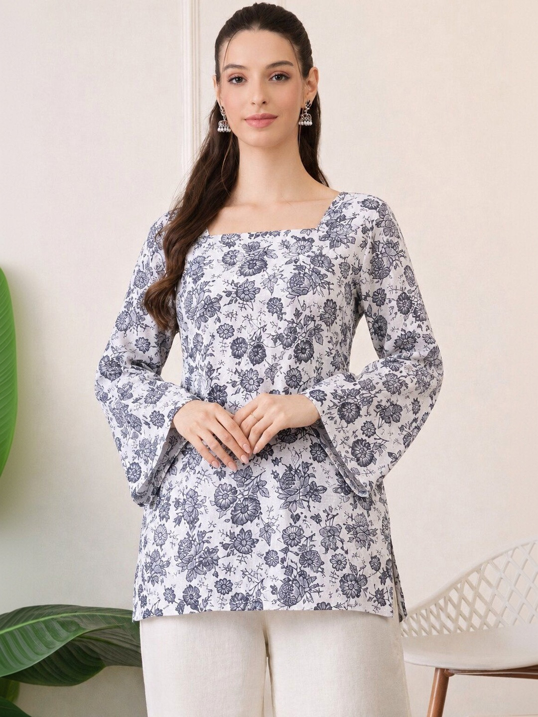 KALAMIR Floral Print Flared Sleeve Cotton Top