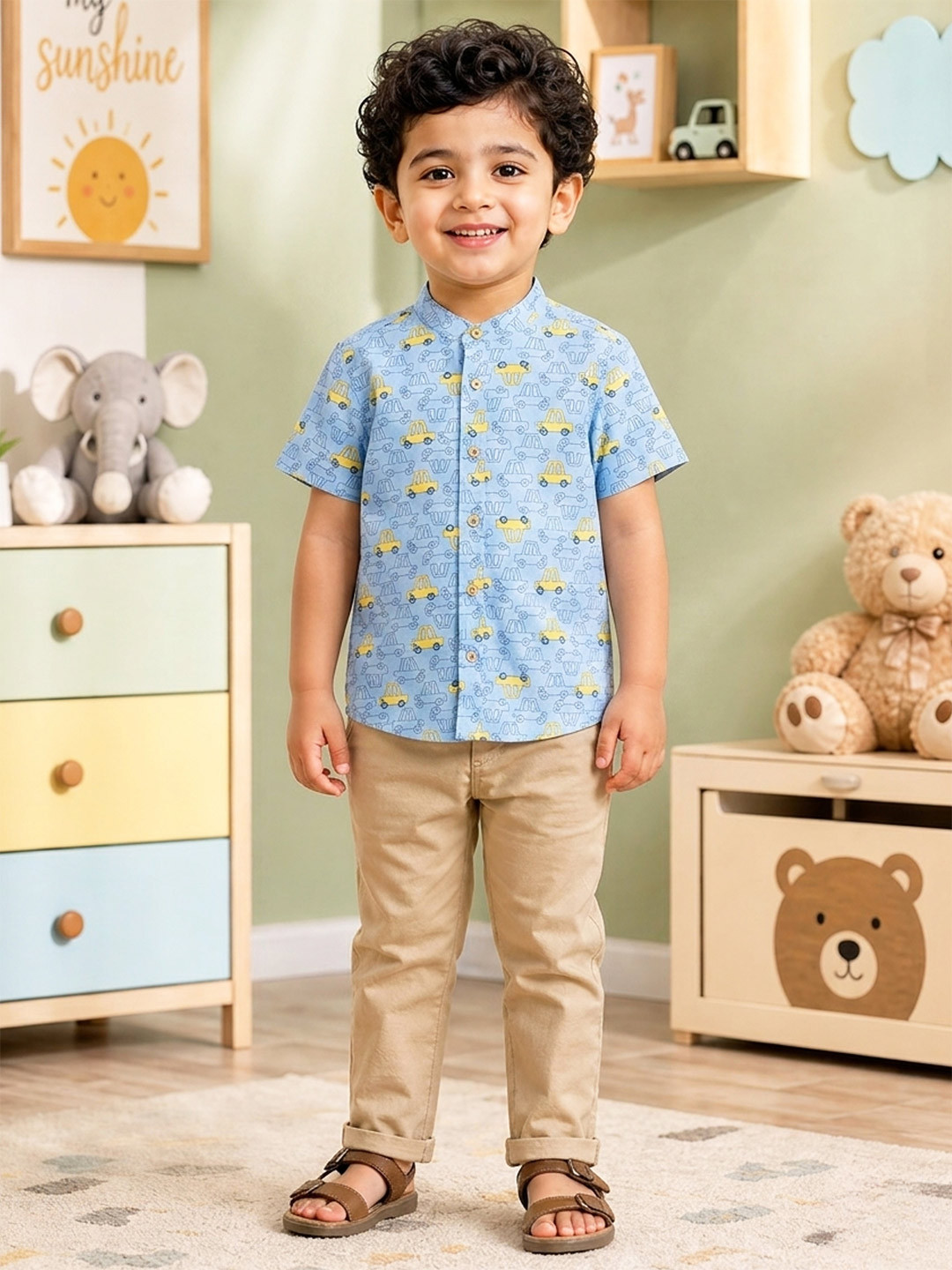 Campana Boys Conversational Printed Band Collar Cotton Casual Shirt