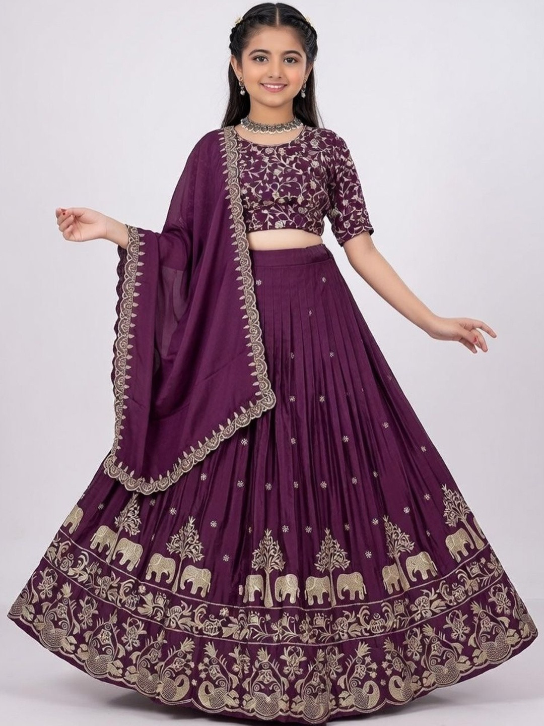 Closin Girls Embroidered Thread Work Semi-Stitched Lehenga & Blouse With Dupatta