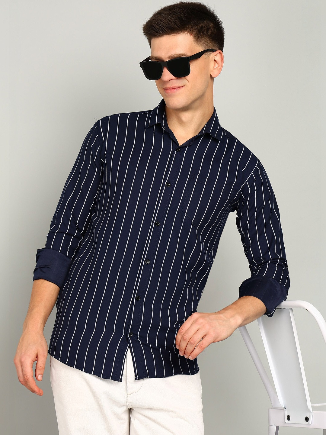 Navy Blue Vertical Stripes Casual Shirt