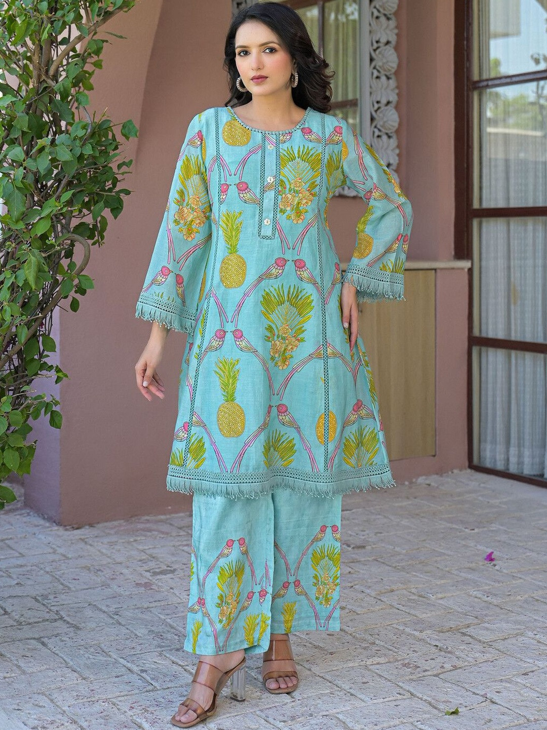 SANISA Printed Turquoise Blue Silk Co Ords for Women