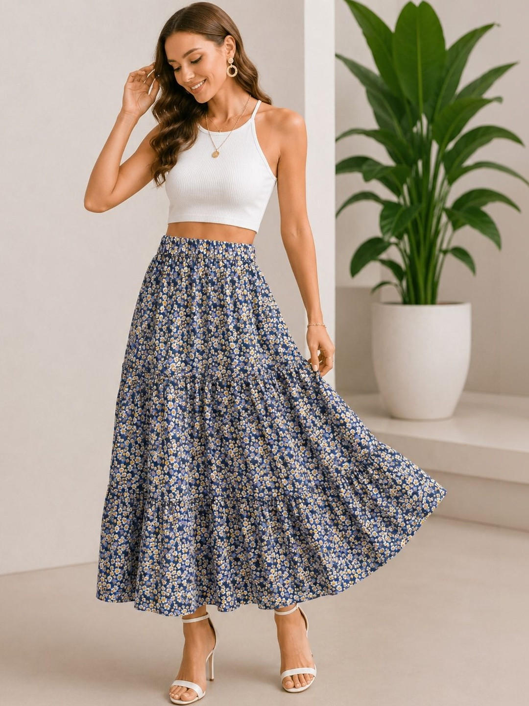 AmorLuxe Women Crepe Floral Micro or Ditsy Print Midi A-Line Skirt