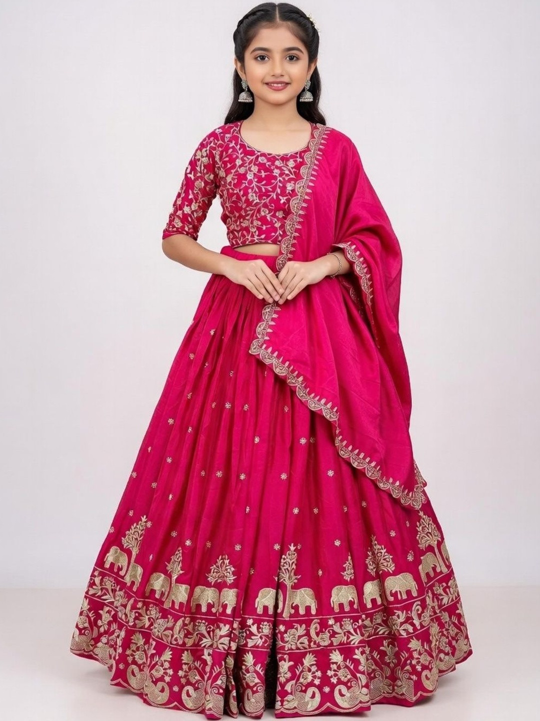 Closin Girls Embroidered Thread Work Semi-Stitched Lehenga & Blouse With Dupatta