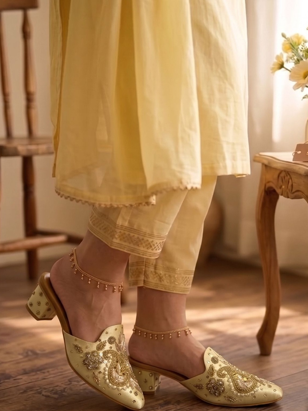 Anouk Women Golden Embroidered Pointed Toe Block Heel