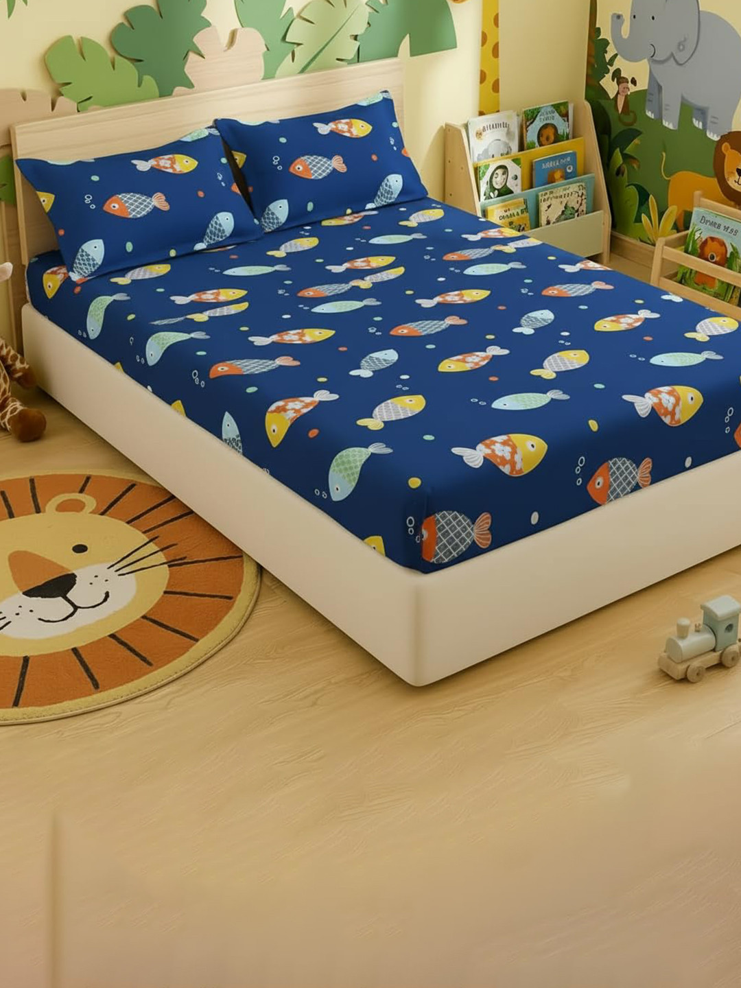 Filymore Navy Blue Conversational Bedsheet with 2 Pillow Covers